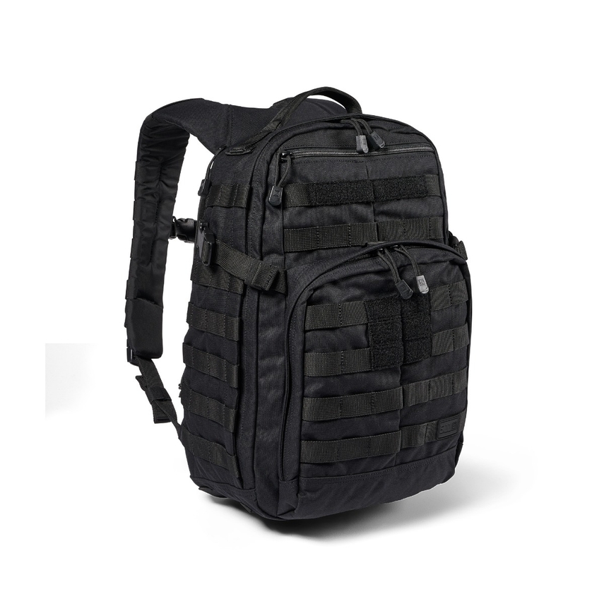 A black backpack with many compartments and a handle.