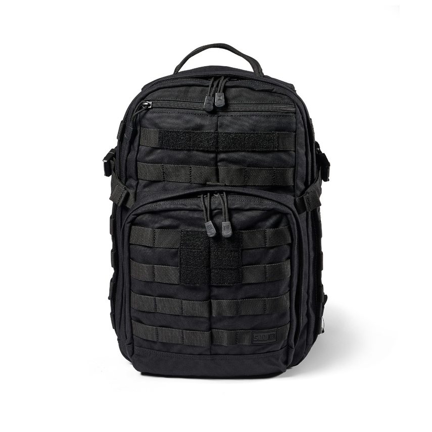 A black backpack is shown with many pockets.