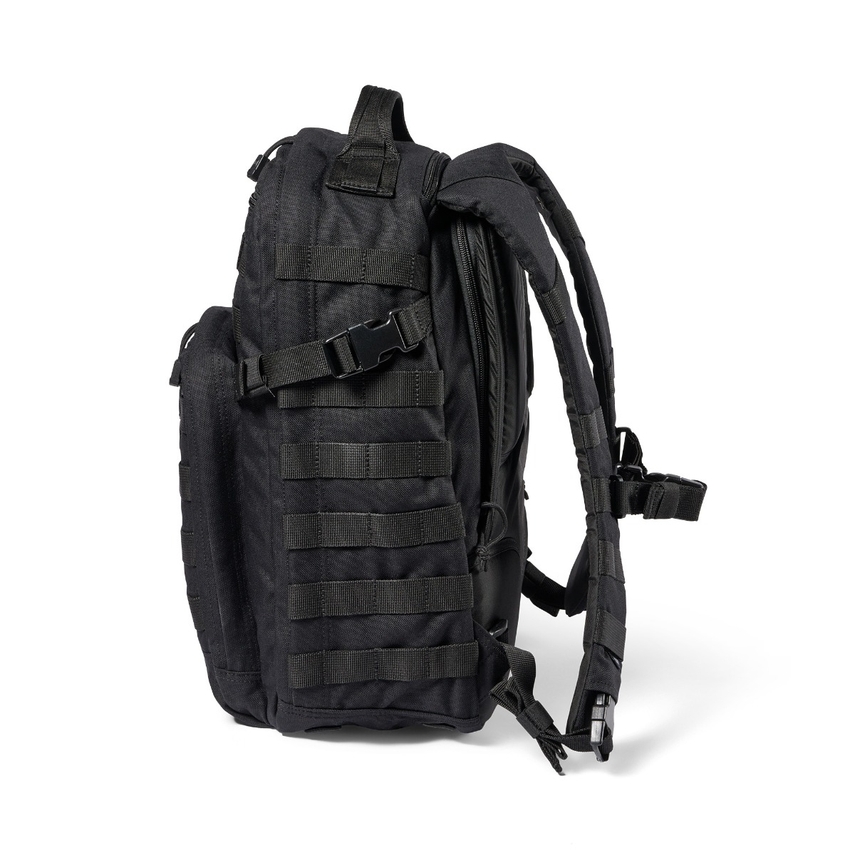 A black backpack with many pockets on it