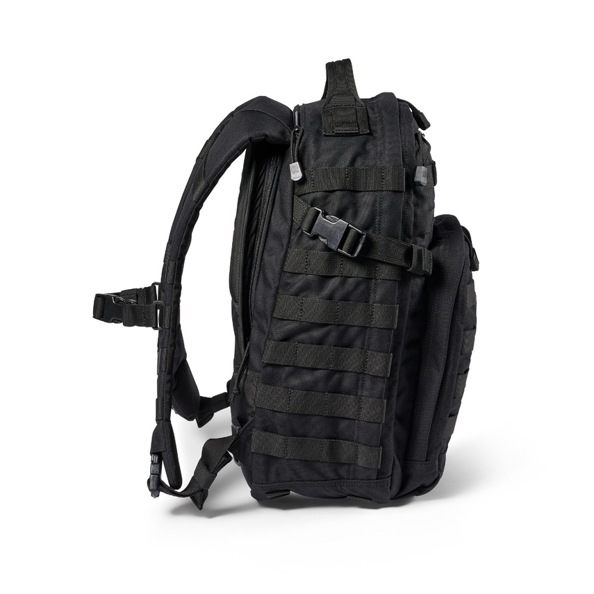 A black backpack with many pockets on it.