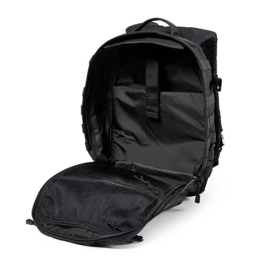 A black backpack with an open compartment.