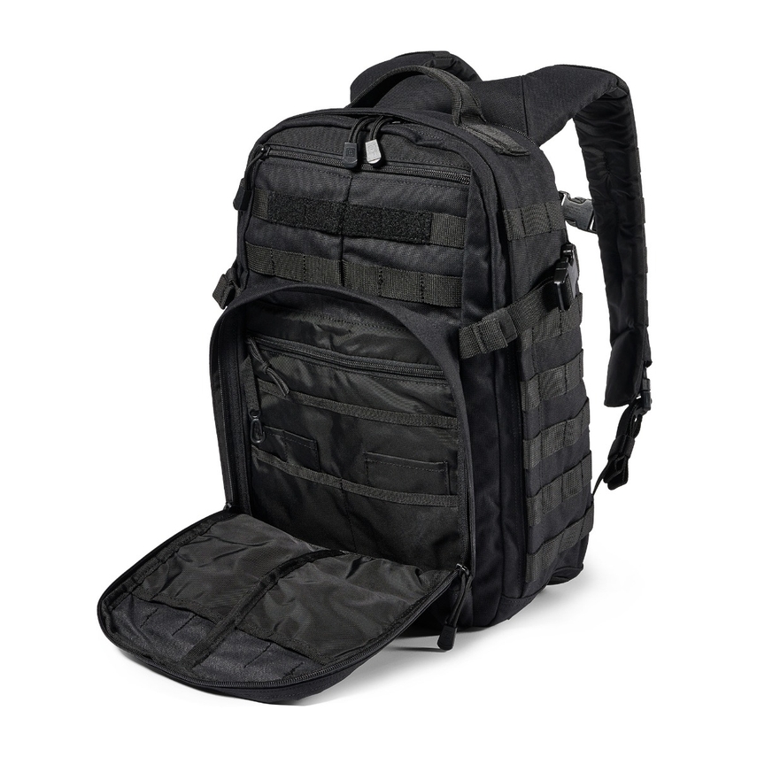 A black backpack with an open compartment.