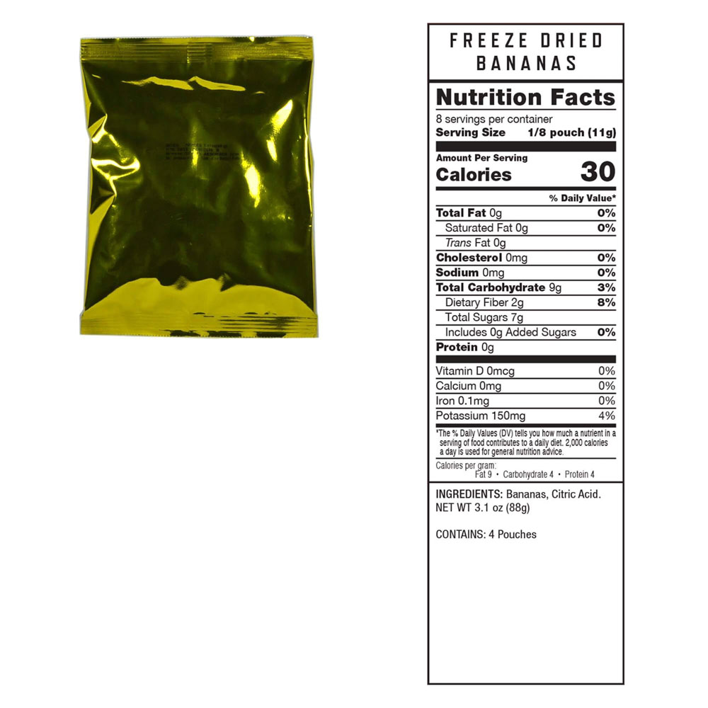 A package of freeze dried bananas with nutrition label.