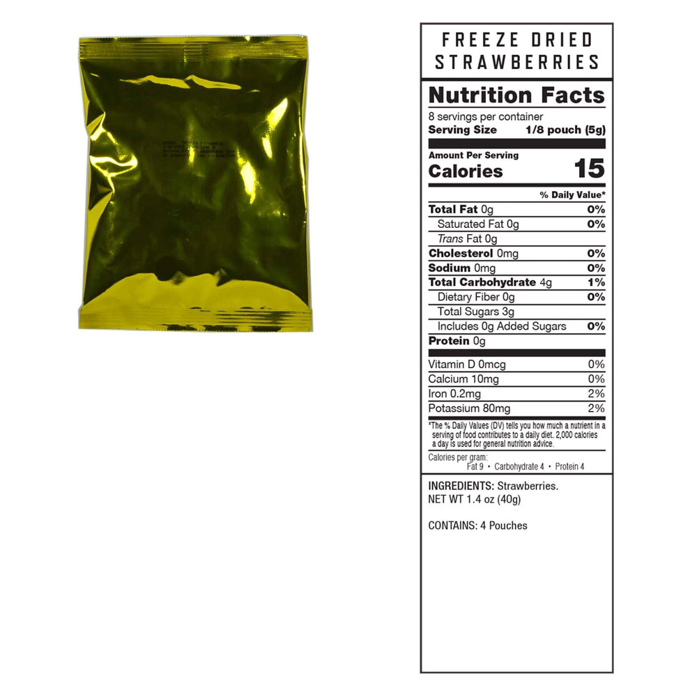 A package of freeze dried strawberries with nutrition label.