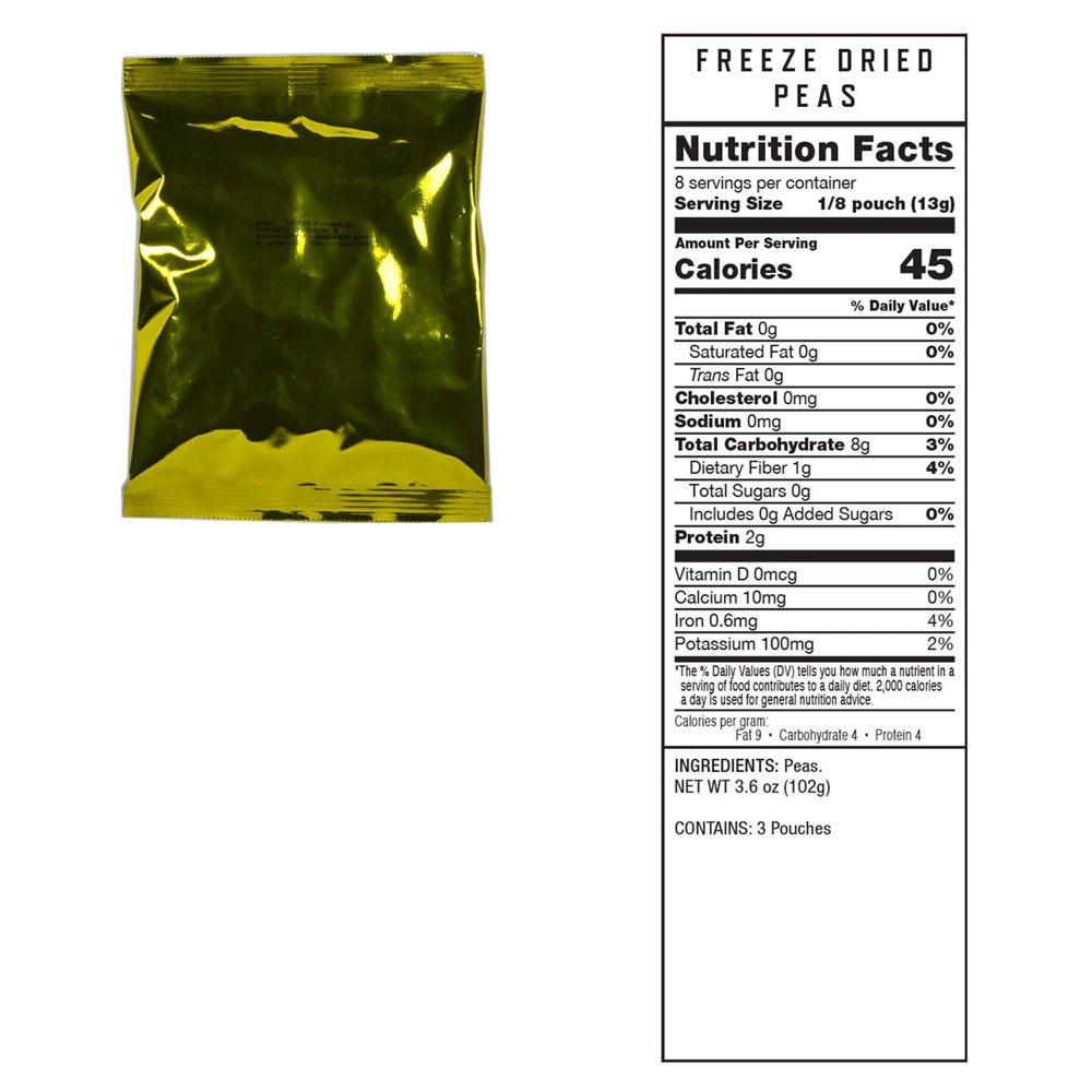 A package of freeze dried peas with a nutrition label.