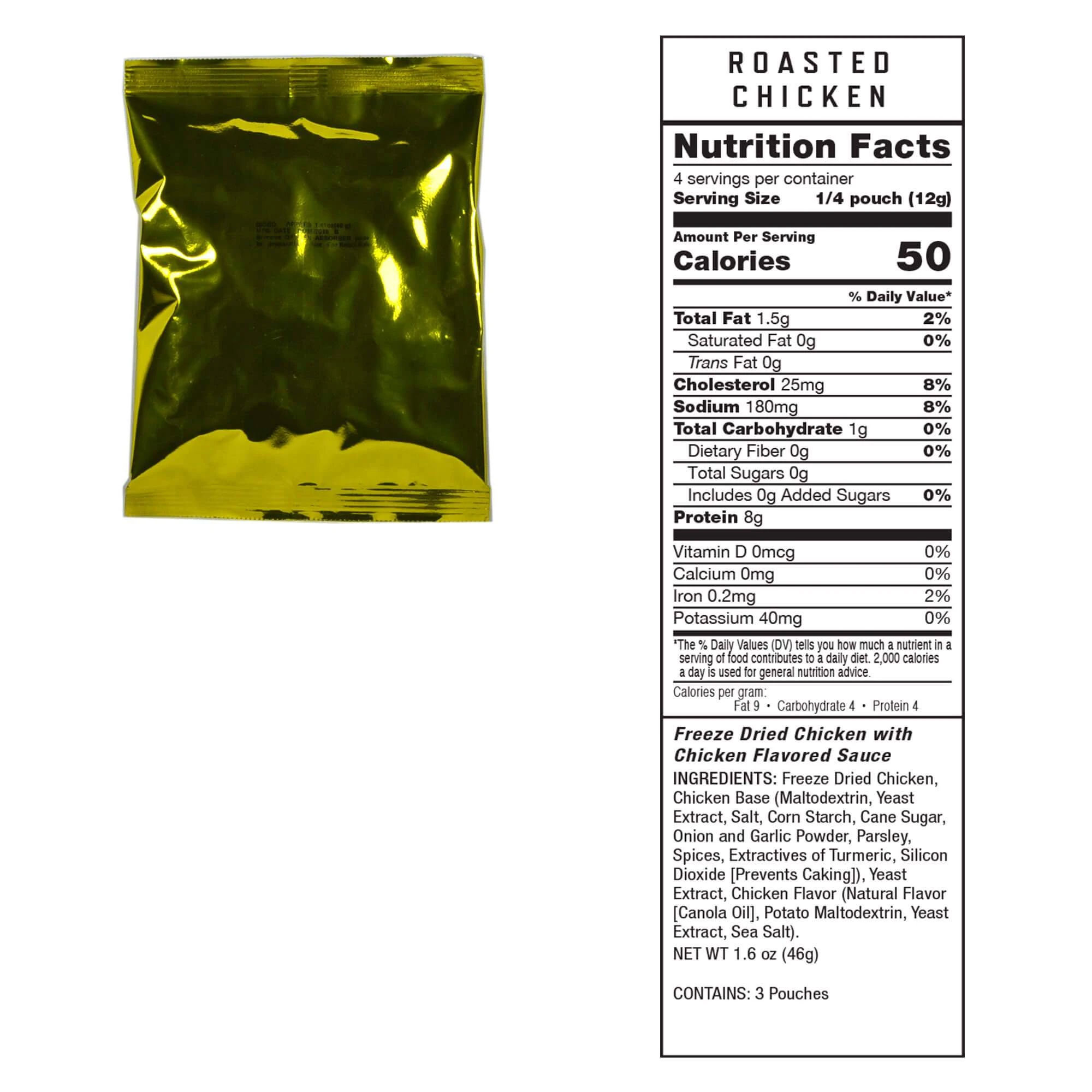 A bag of roasted chicken is shown with the nutrition label.