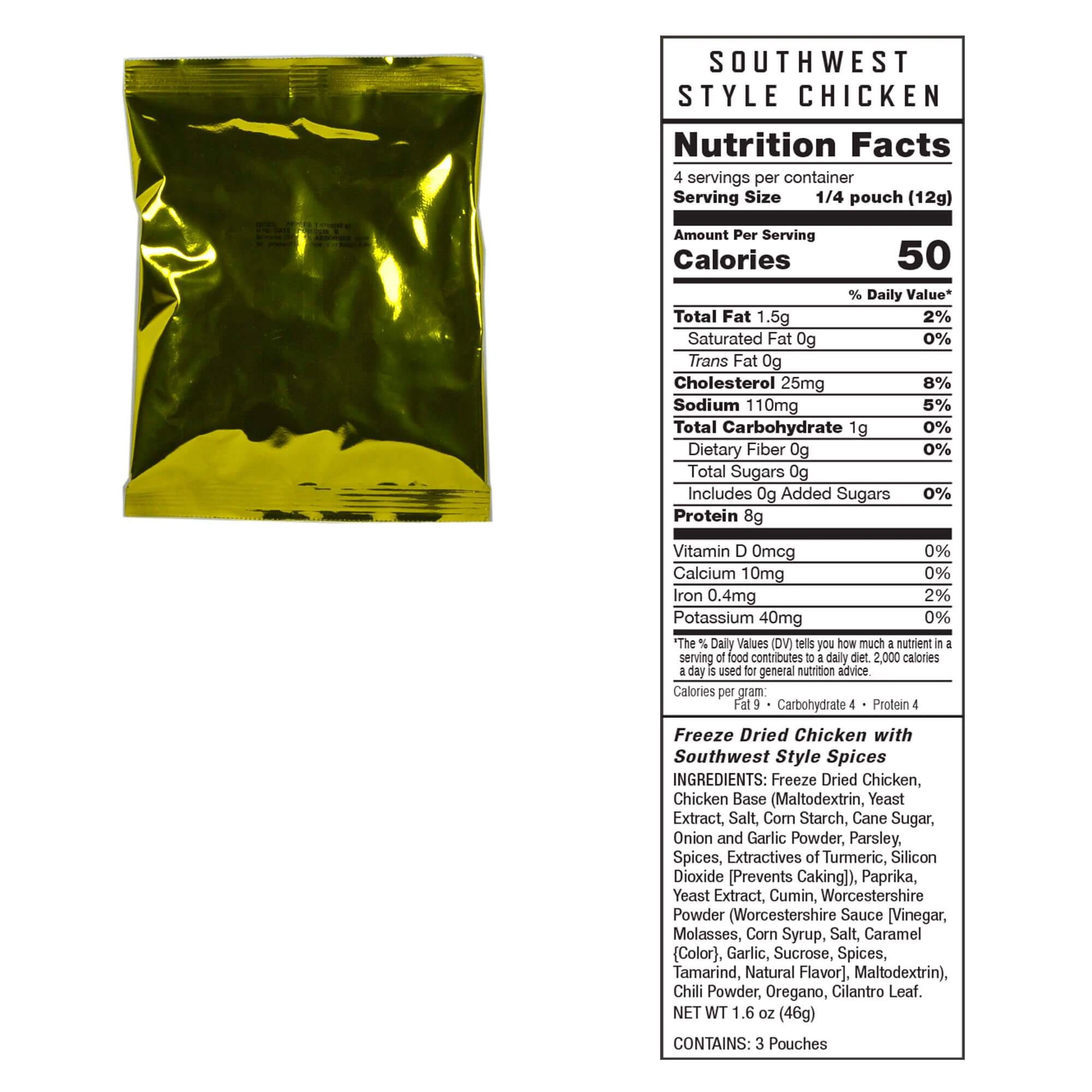 A bag of chicken in foil with the label and nutrition information.