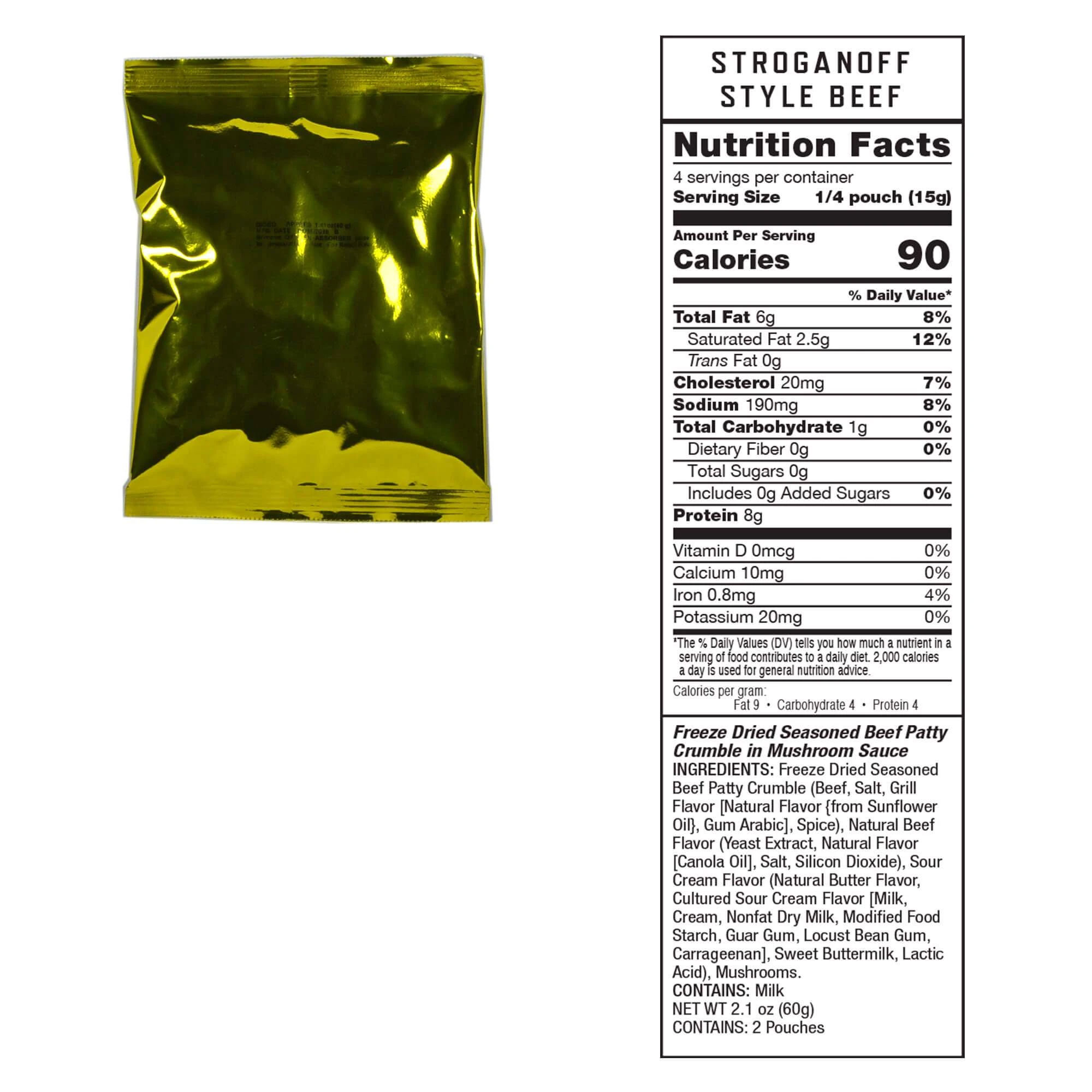 A bag of beef is shown next to the nutritional label.