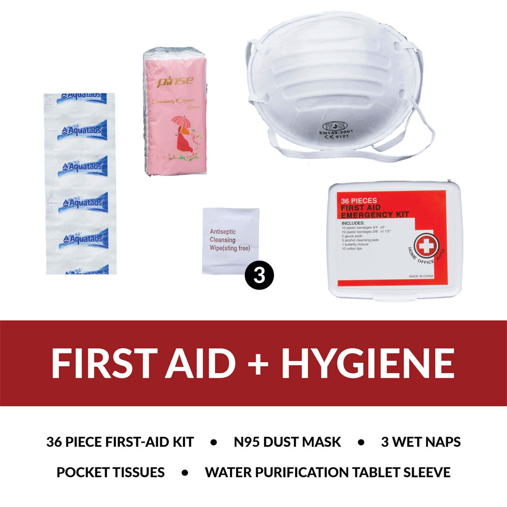 A first aid kit with three different items.