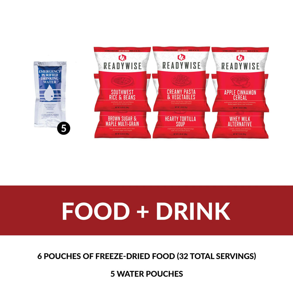 A red bag of food and some drinks