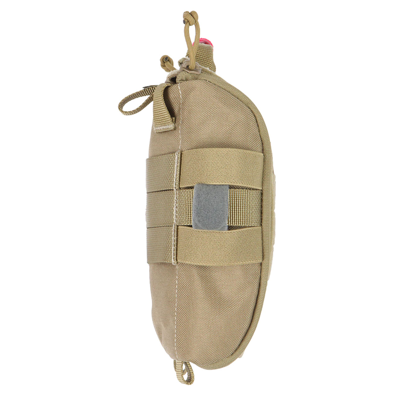 A tan bag with a tag on it.