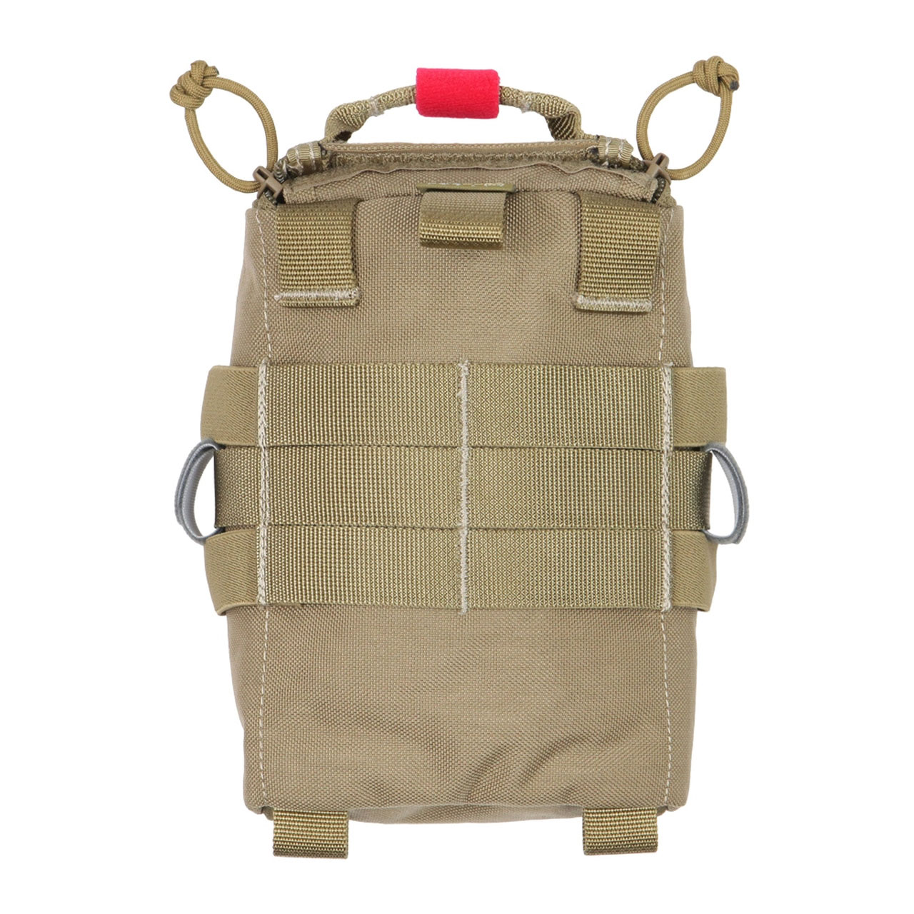 A tan bag with red handle and strap.