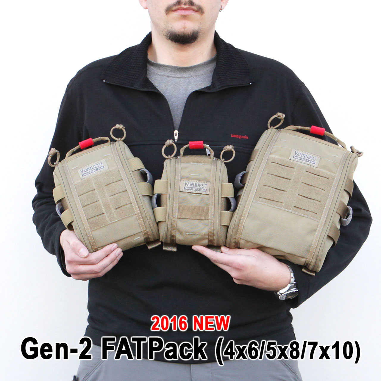 A man holding three tan bags in front of him.