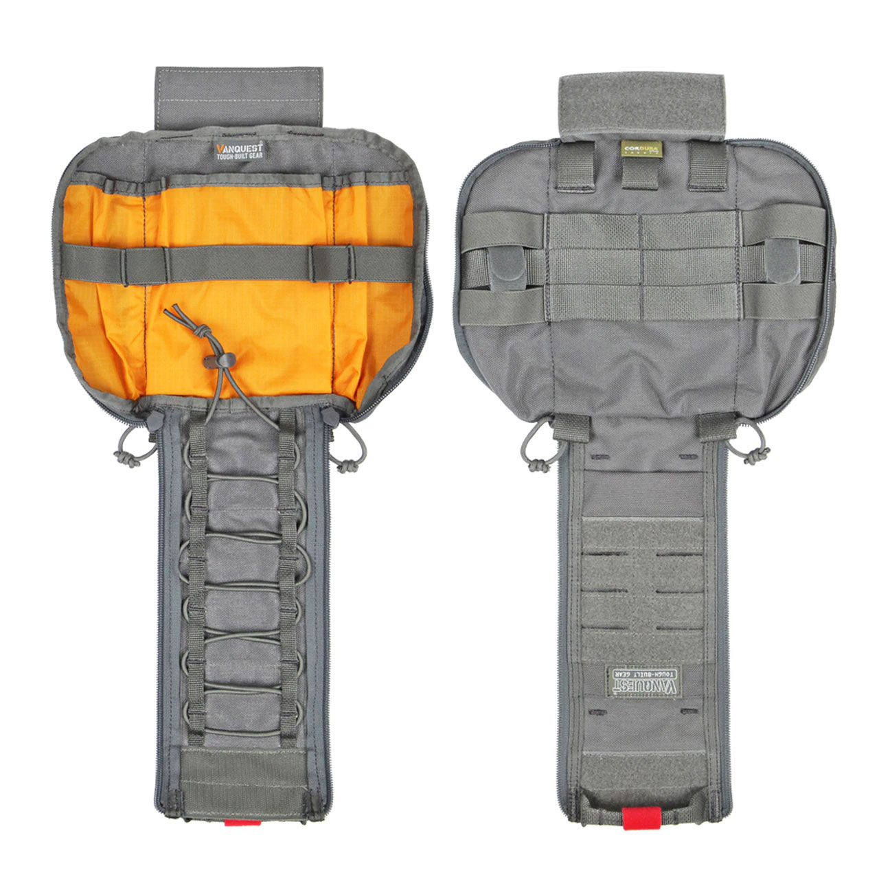 A gray and orange bag is sitting next to another bag.