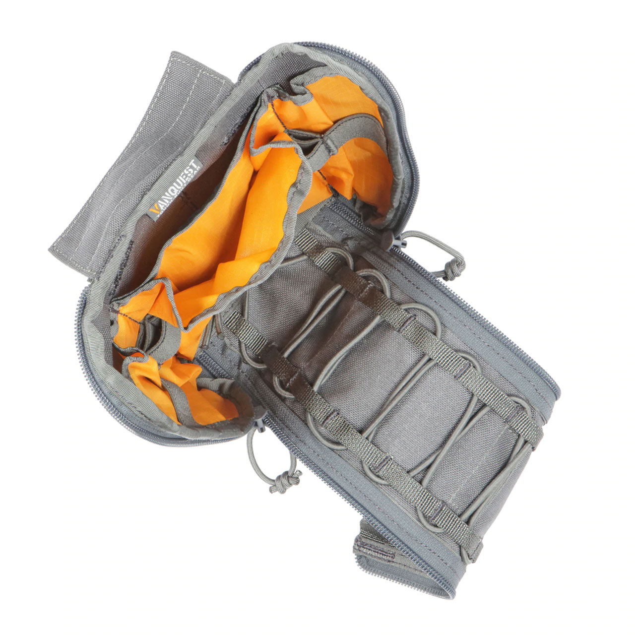 A backpack with orange straps and an open bag.