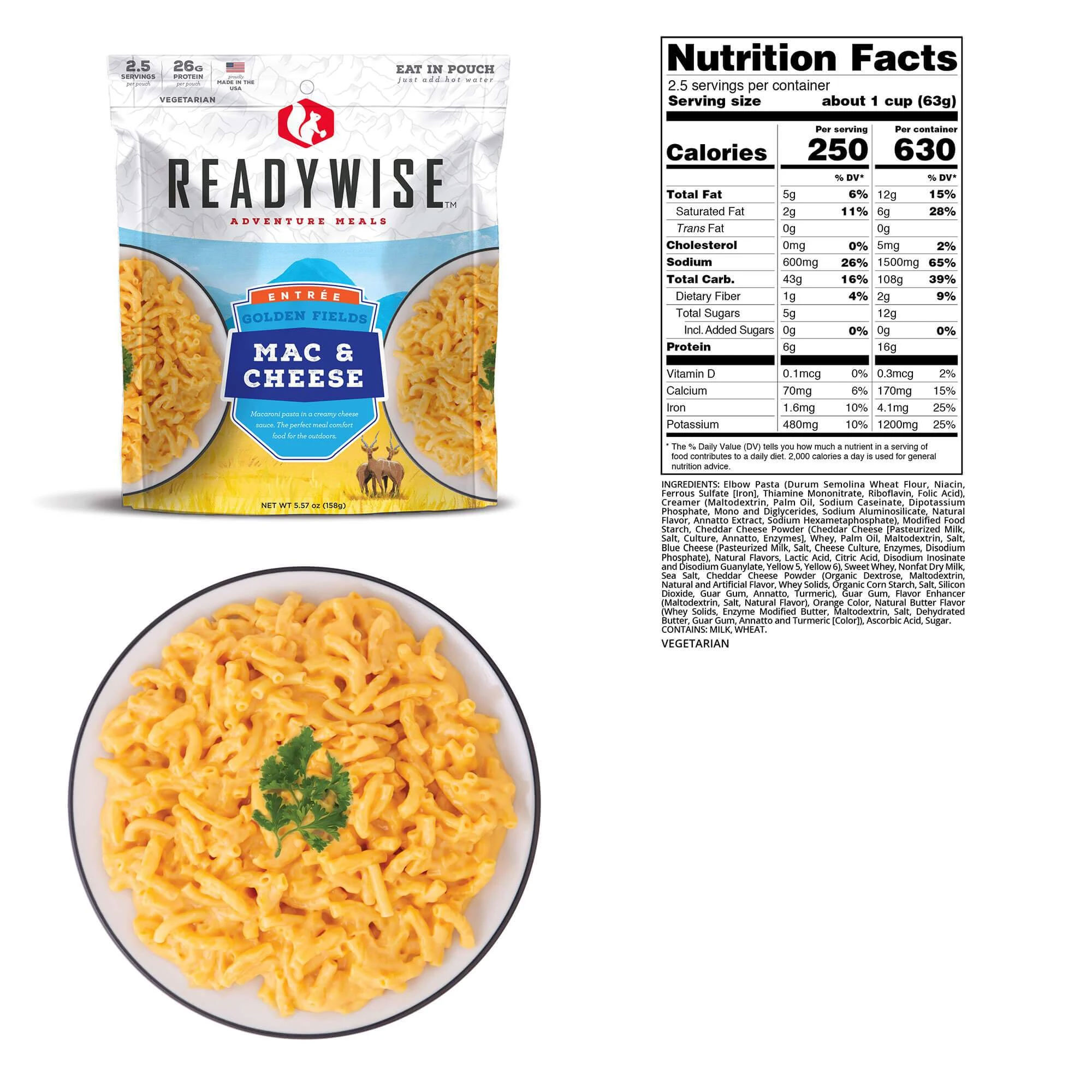 A bowl of macaroni and cheese with a nutrition label.