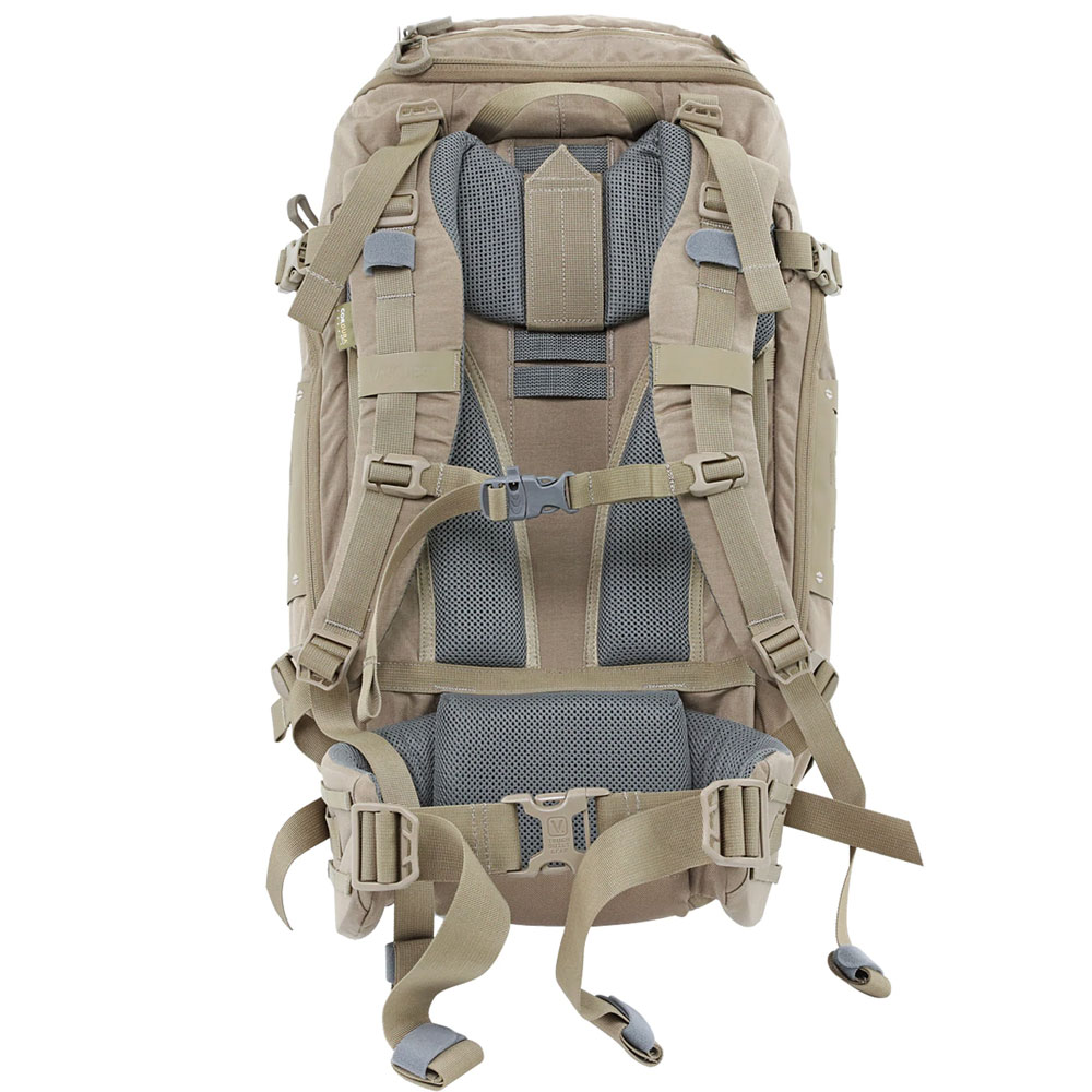 A backpack with many compartments and straps.