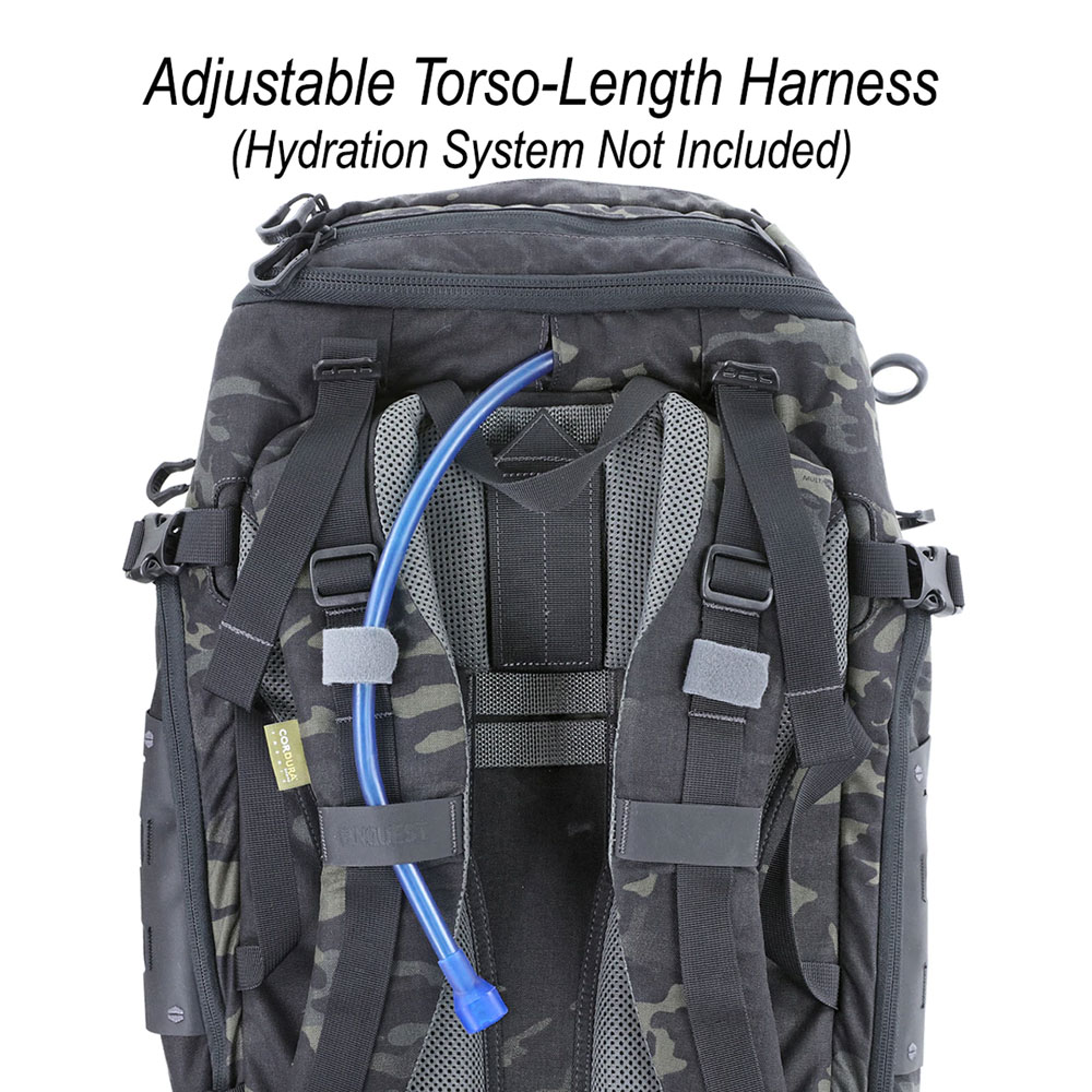 A backpack with the straps down and an adjustable harness.