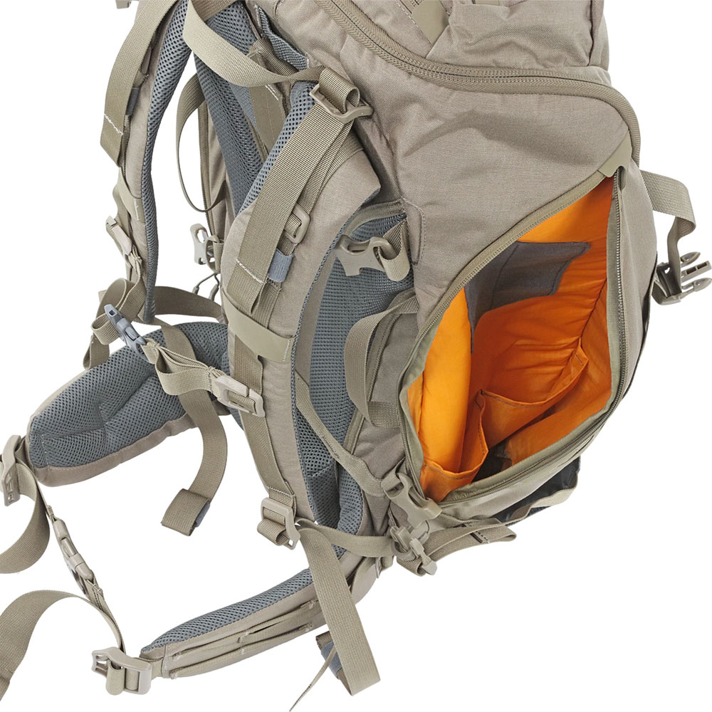 A backpack with an orange compartment inside of it.