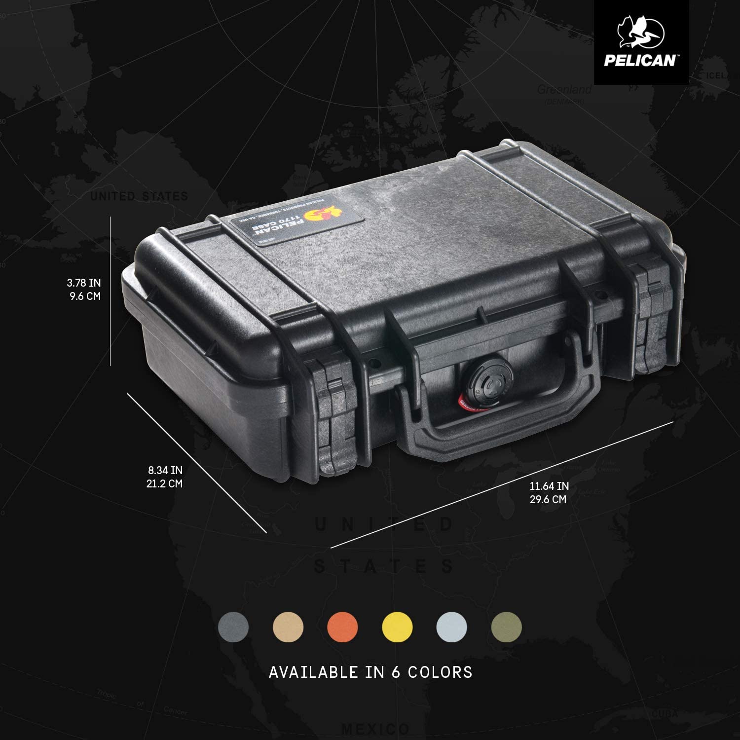A pelican case is shown with the size of it.
