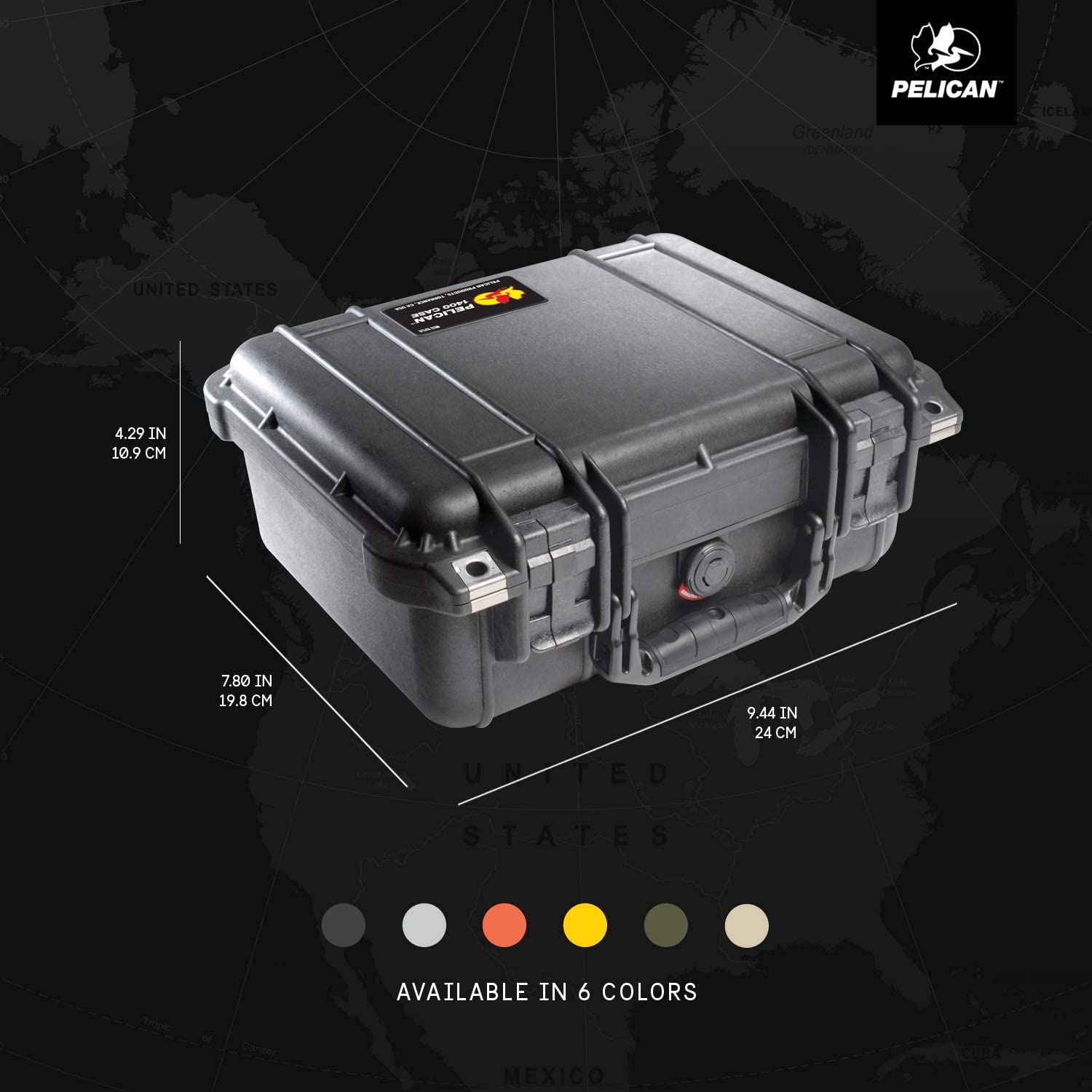 A pelican case is shown with the size of it.