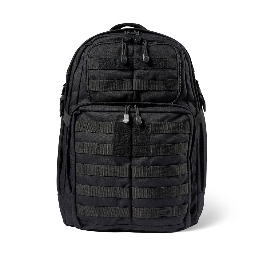 A black backpack with many pockets on it.