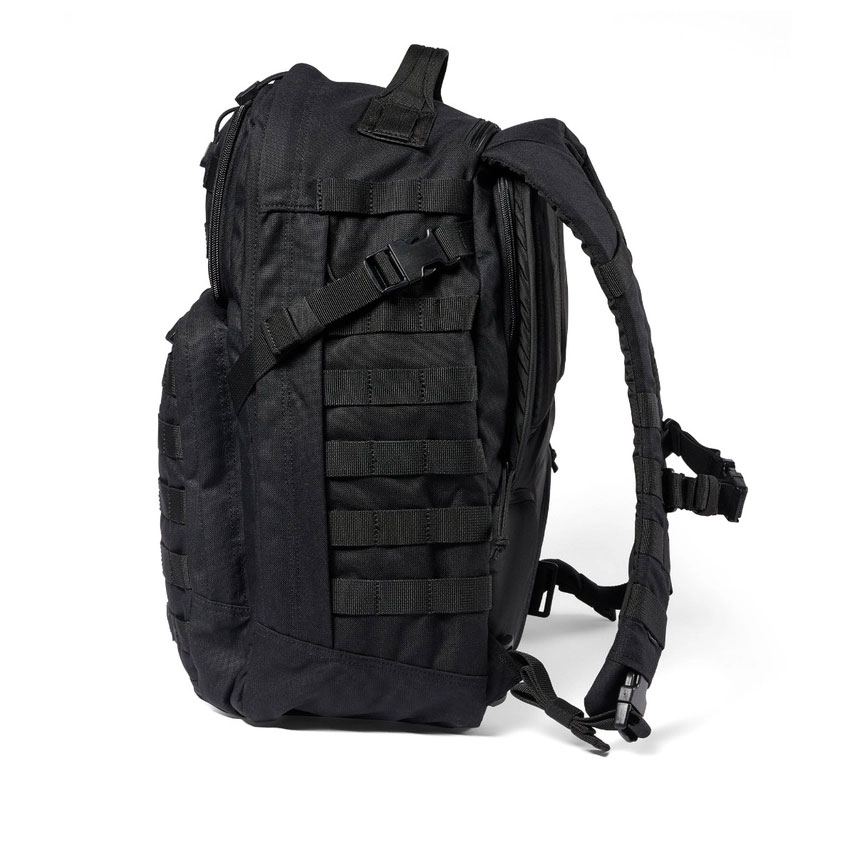 A black backpack with many pockets on it