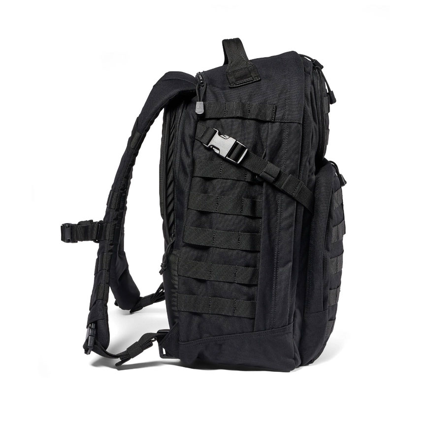 A black backpack with many pockets on it