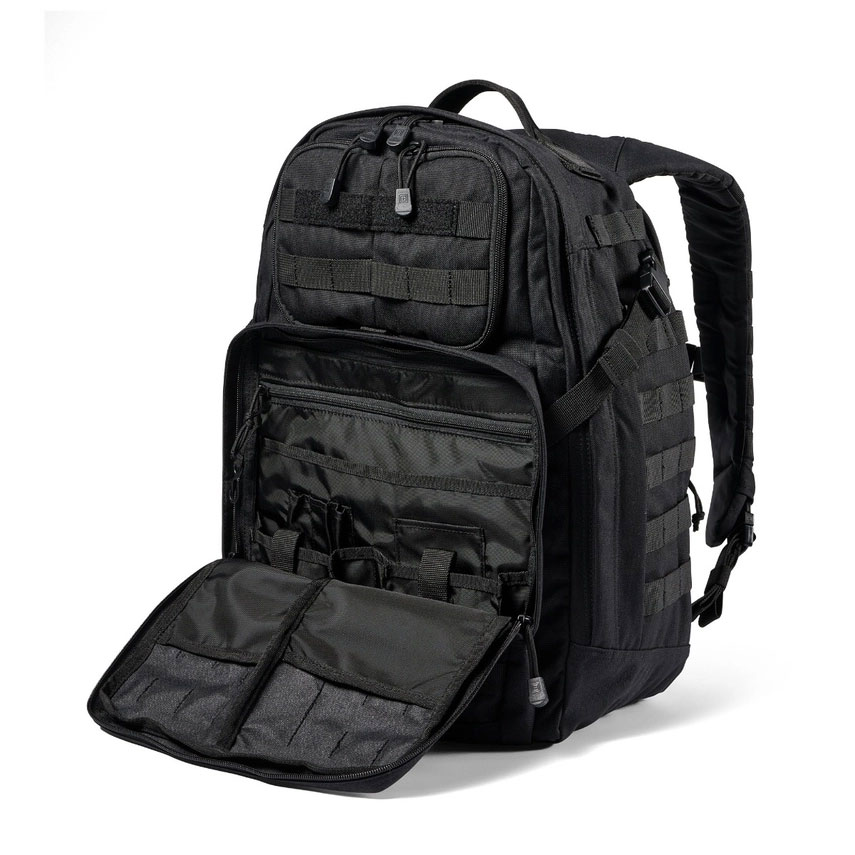 A black backpack with many compartments and zippers.