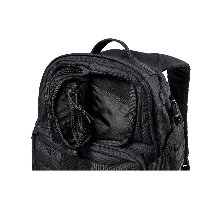 A black backpack with an open pocket.