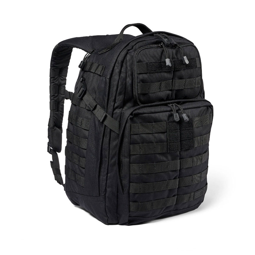 A black backpack with many compartments and straps.