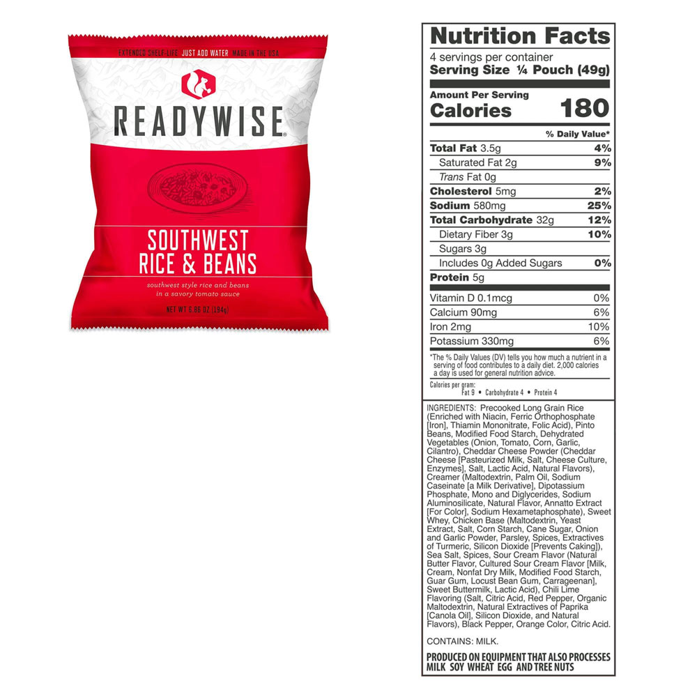 A red bag of rice and beans next to a nutrition label.