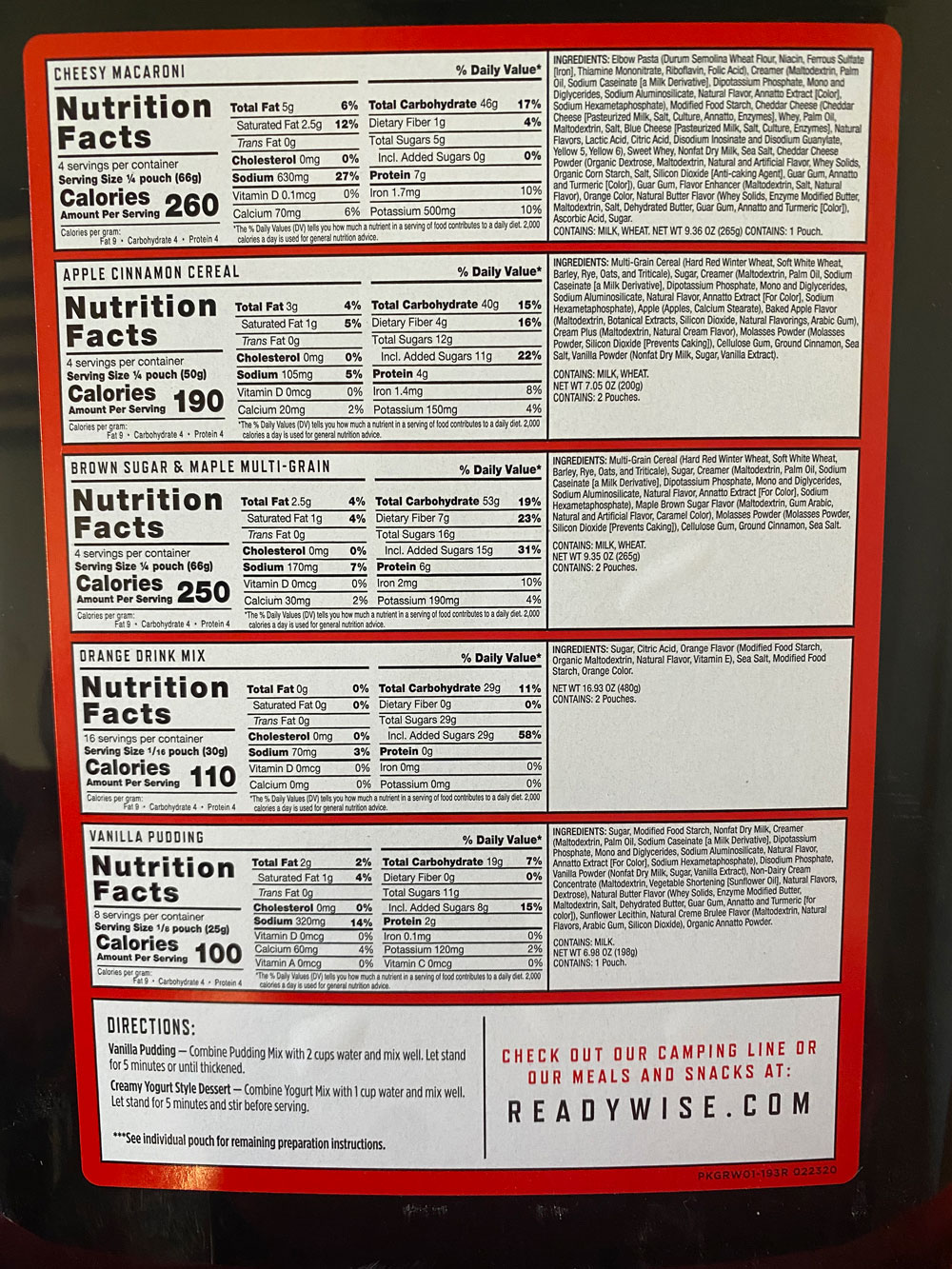 A red and white sign with some food labels