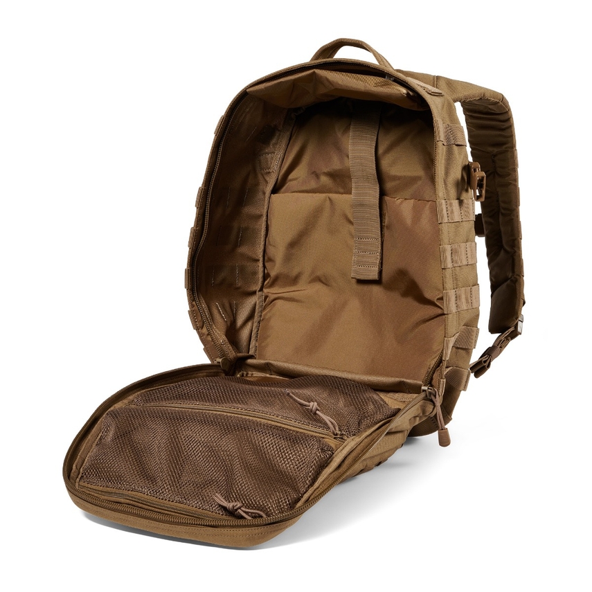 A backpack with an open compartment and a handle.