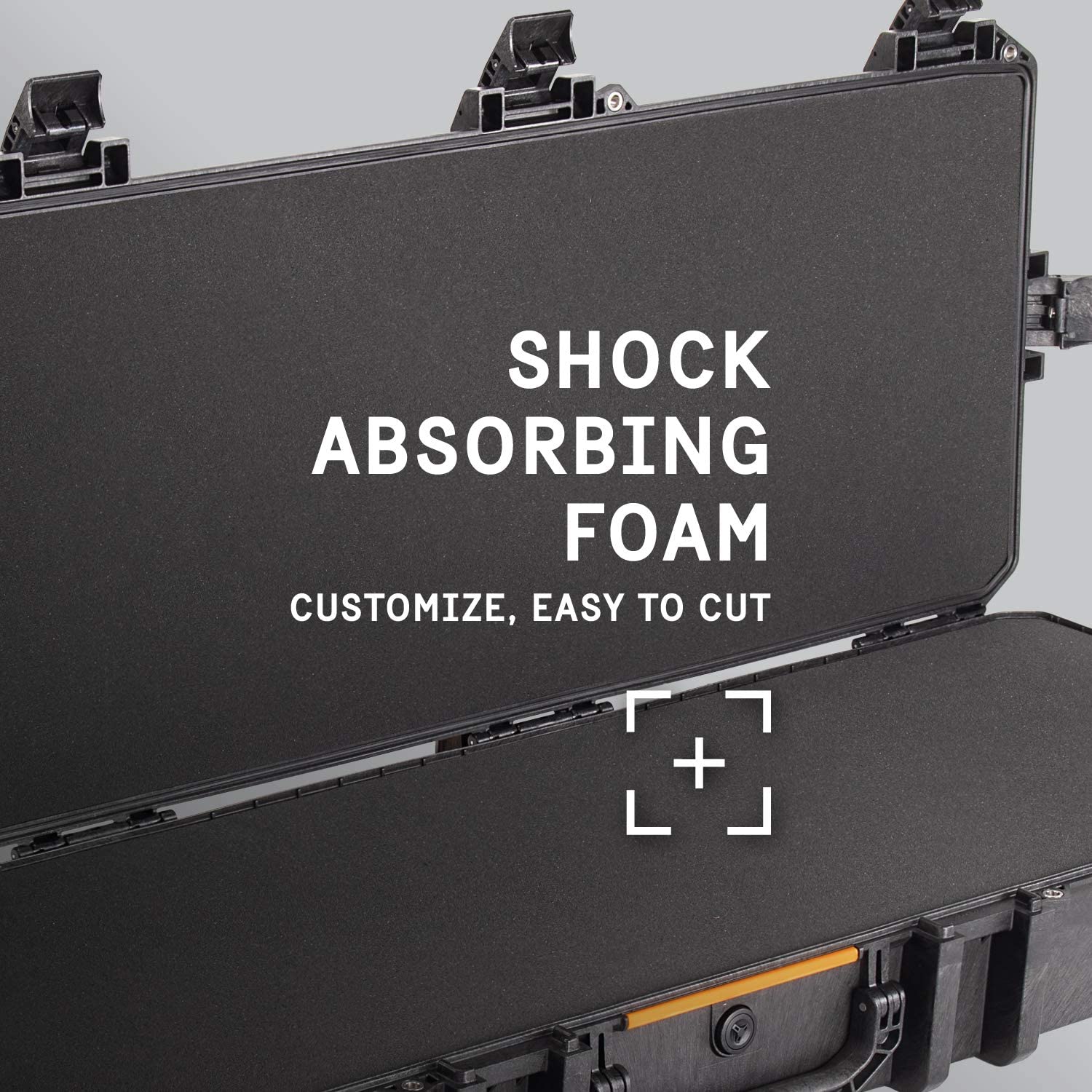 A black case with the words shock absorbing foam on it.