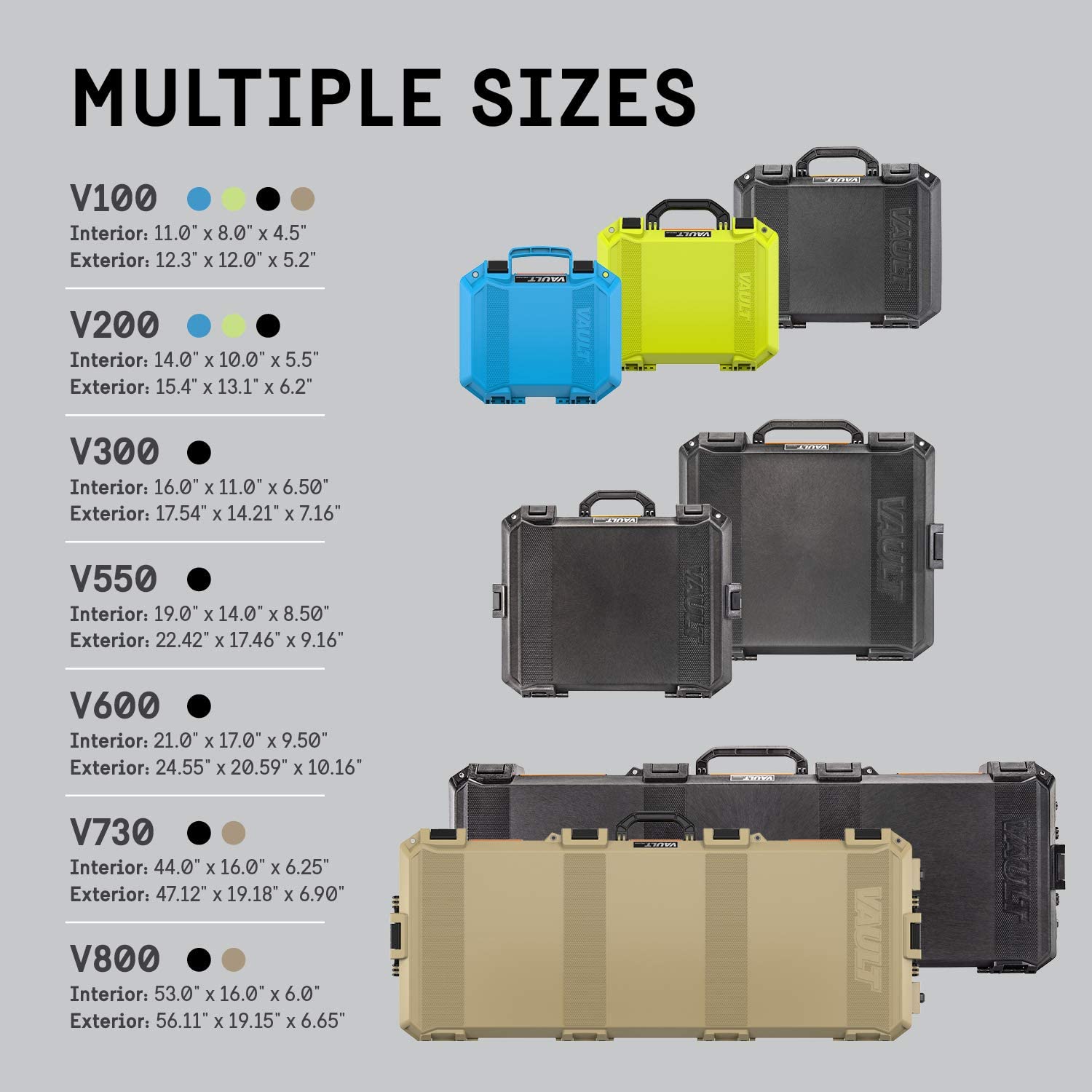 Multiple sizes of cases for different types of materials.