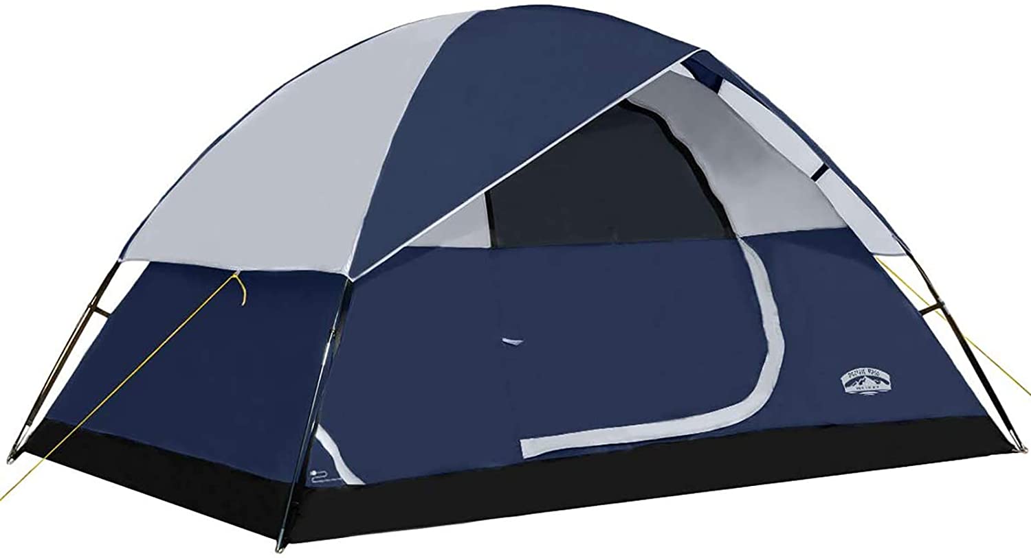 A tent with an open door and a blue cover.
