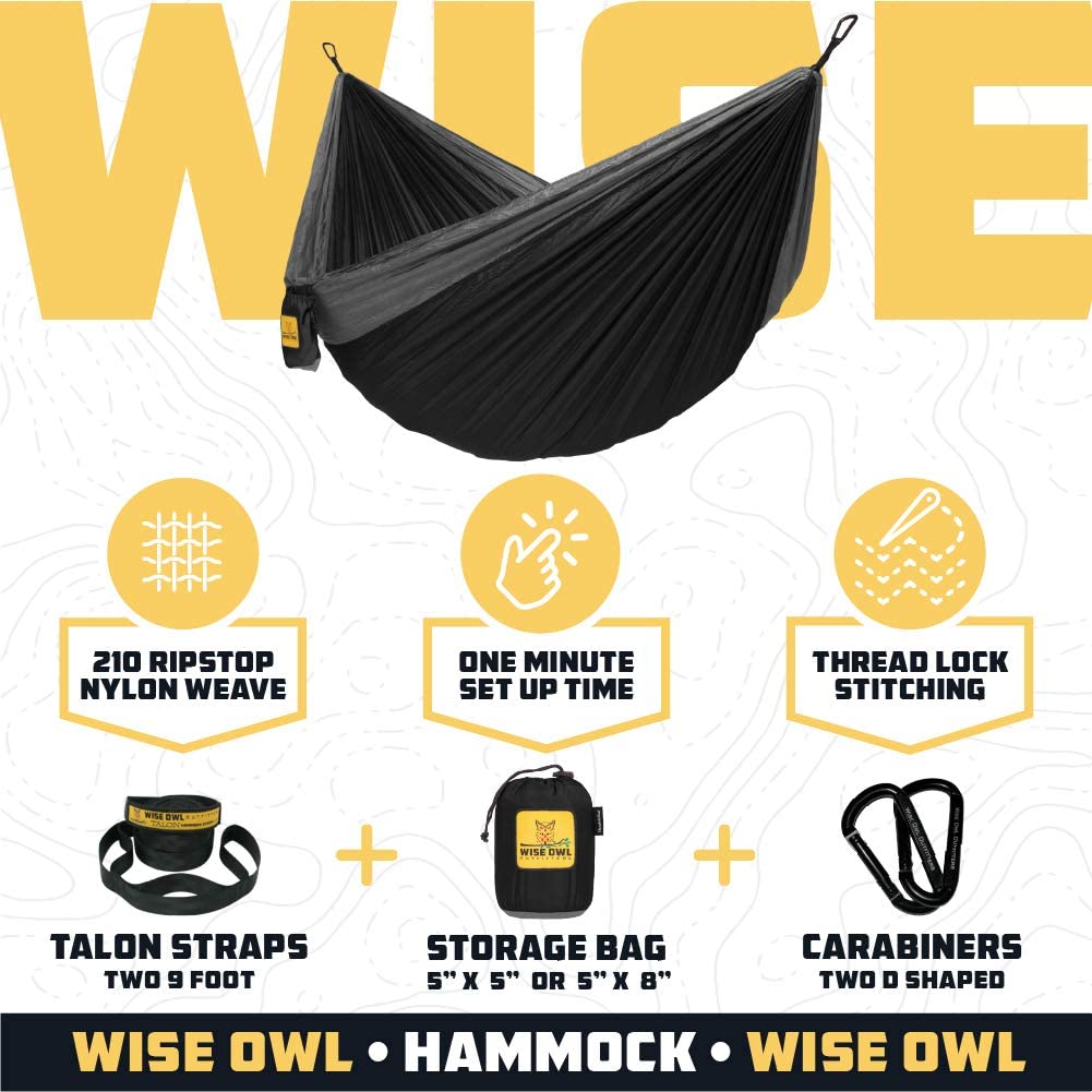 A black hammock with instructions for how to use it.