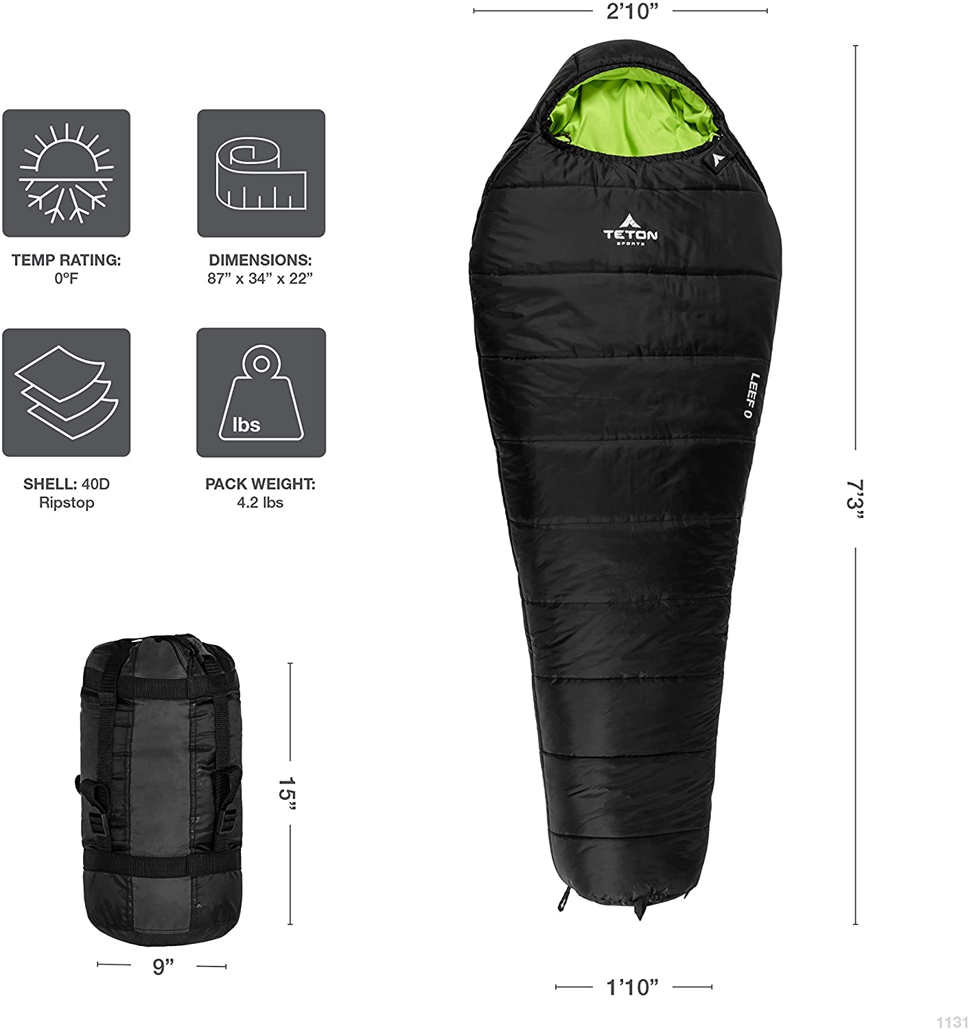 A sleeping bag is shown with measurements.