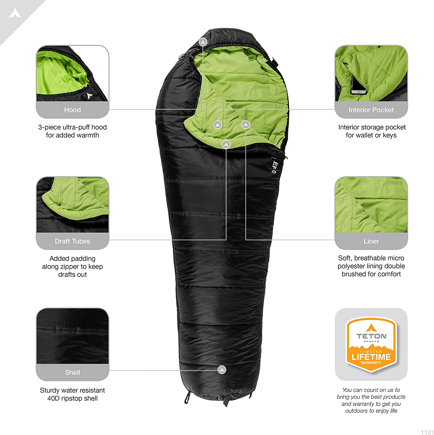 A sleeping bag with many features and specifications.