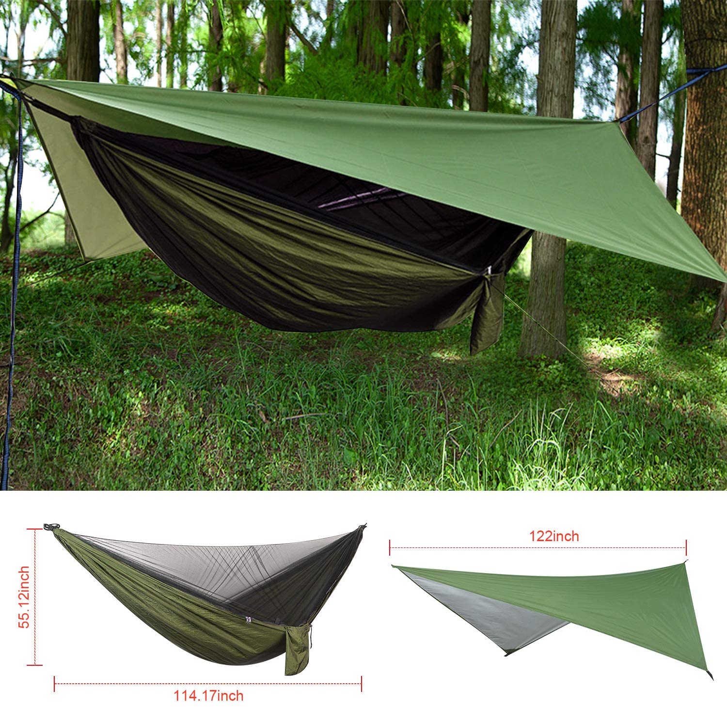 A hammock with a tarp on it in the woods.
