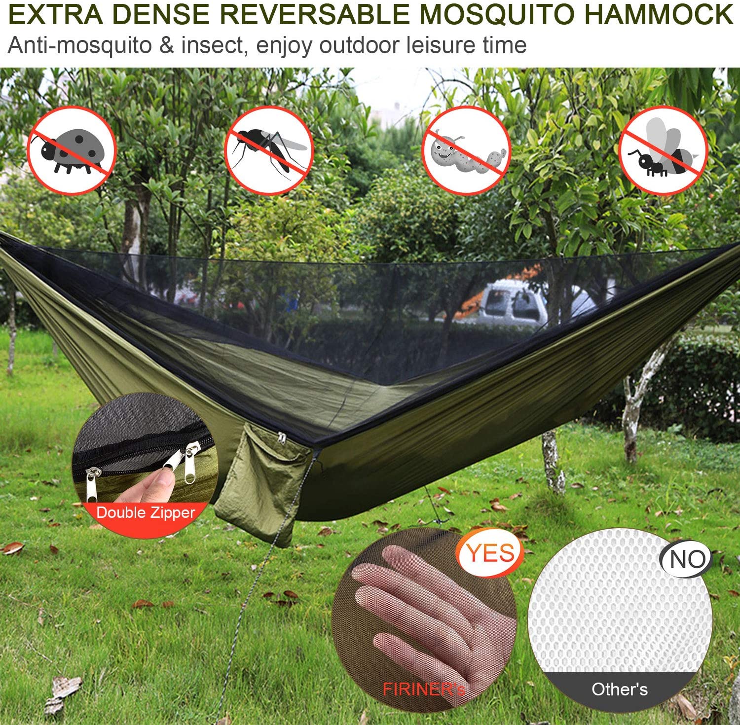 A hammock with mosquito net and bug netting.