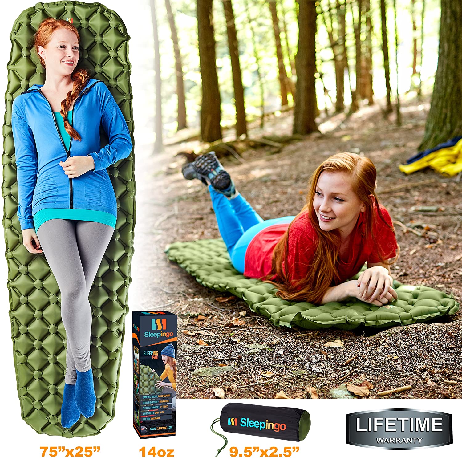 A woman laying on the ground next to an inflatable sleeping pad.