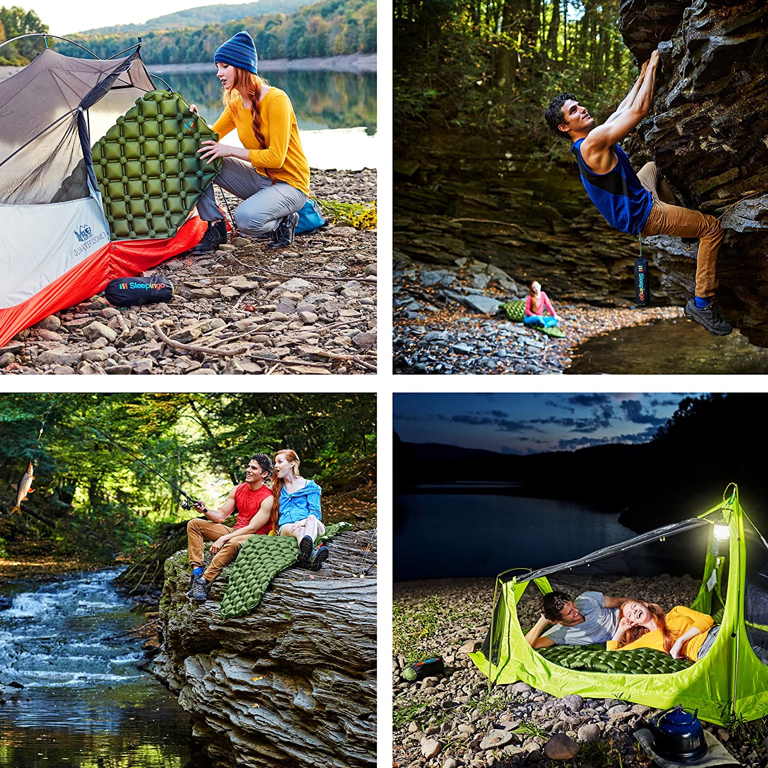 A collage of people camping and hiking