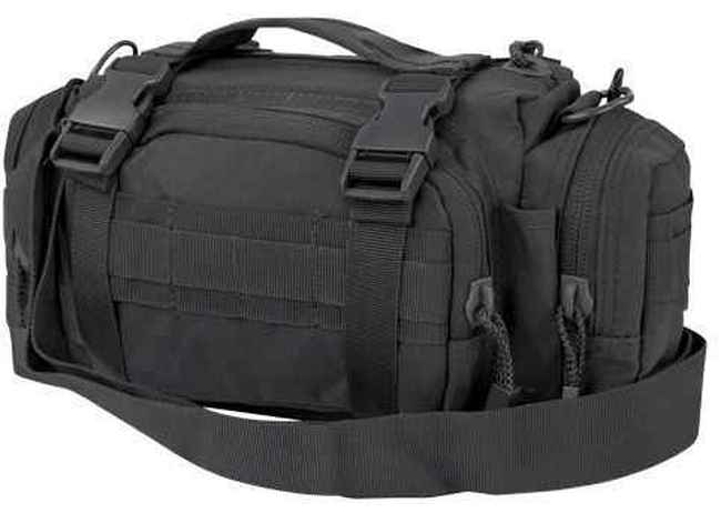 A black bag is shown with many compartments.