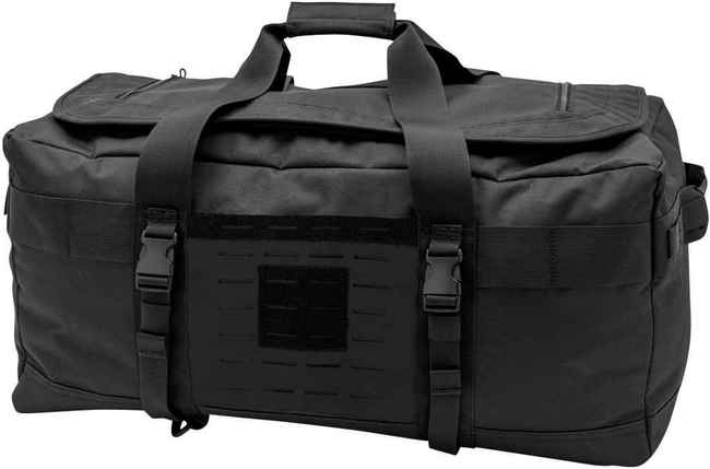 A black duffel bag with many compartments.