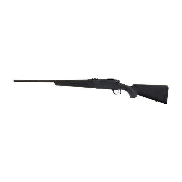 A black rifle is shown with its barrel pointed up.